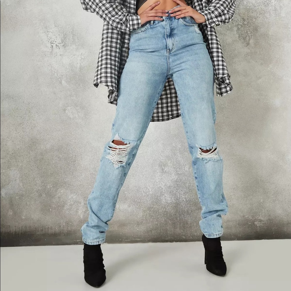 tall blue riot busted knee mom jeans